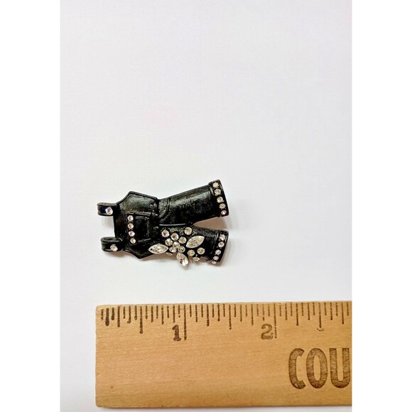 Black Overalls Brooch Pin Metal Crystal Clear Rhinestones Bling Fashion RARE - Picture 5 of 6